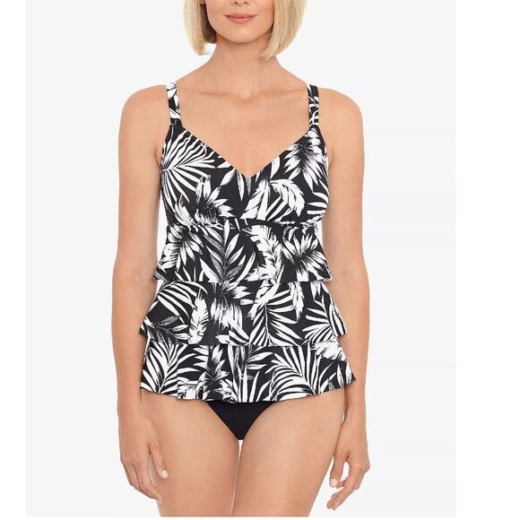 Swim Solutions Tired Ruffle BLACK/WHITE Triple-Tier One-Piece Swimsuit 12 NWT - Picture 1 of 7